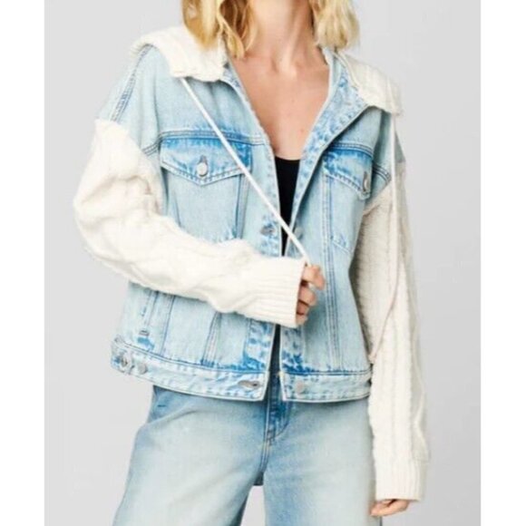 New BlankNYC Blooming Denim Jacket Womens S Sweater Sleeves Hooded Blank NYC - Picture 1 of 7